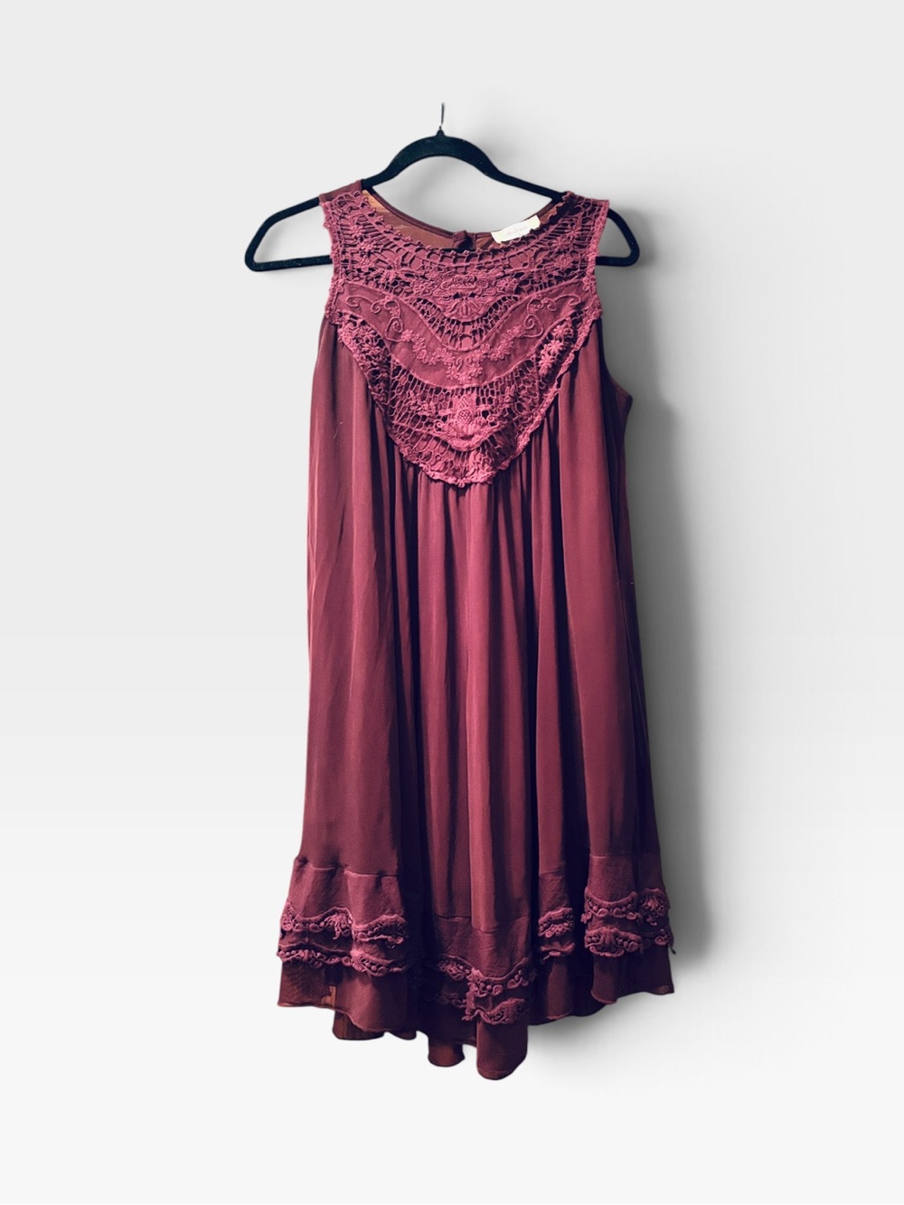 Altar'd State Burgundy Lace Crochet Yoke Tiered Babydoll Mini Dress Whimsigoth S